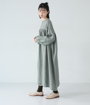 14番手リネン前ボタンギャザー切り替えワンピース(ダルグリーン-F)