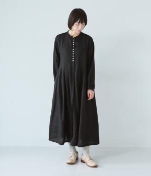 14番手リネンワイドタックワンピース(ブラック-F)