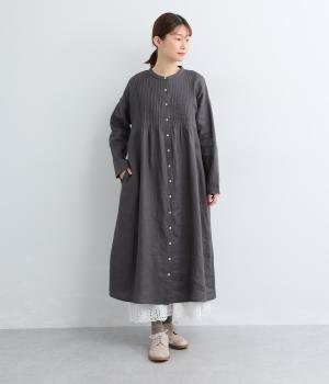 14番手リネンバンド襟ピンタック前あきワンピース(アッシュグリーン-F)