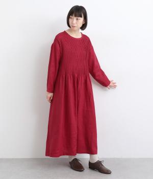 14番手リネン細ピンタックワンピース(レッド-F)