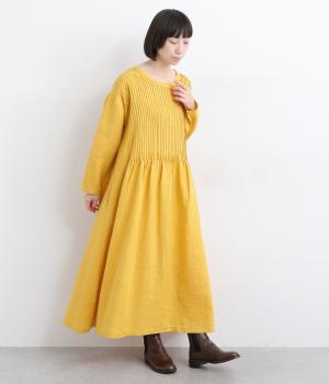 14番手リネン細ピンタックワンピース(イエローマスタード-F)