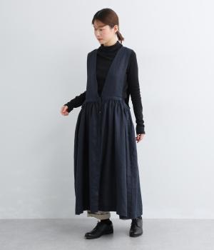 14番手リネン前後着エプロンワンピース(ネイビー-F)