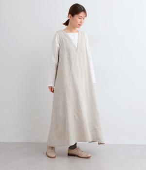 9番手リネン×14番手リネン多ボタンワンピース(グレージュ×オフ-F)