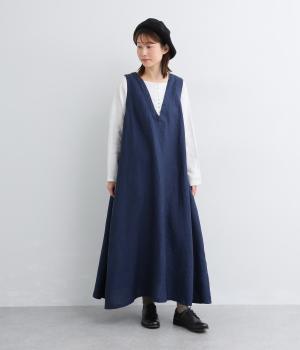 9番手リネン×14番手リネン多ボタンワンピース(インディゴ×オフ-F)