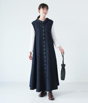 リネンコットンデニム襟付きノースリーブワンピース(インディゴ-F)