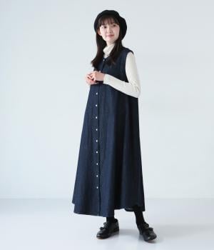 リネンコットンデニムノースリーブワンピース