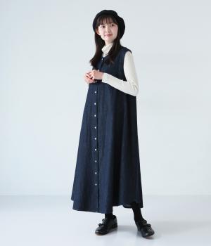 リネンコットンデニムノースリーブワンピース(インディゴ-F)