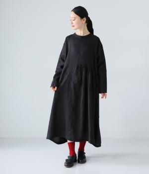 14番手リネンアシンメトリーギャザーワンピース(ブラック-F)