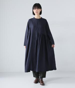 14番手リネンアシンメトリーギャザーワンピース(ネイビー-F)