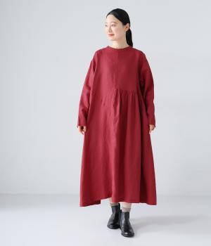 14番手リネンアシンメトリーギャザーワンピース(レッド-F)