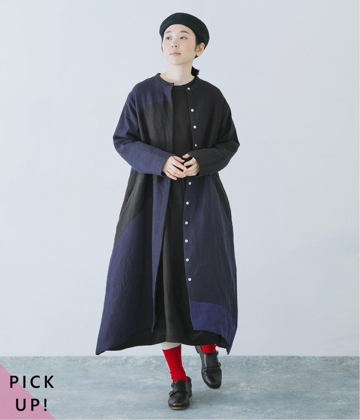 9番手リネンアシンメトリー切り替えワンピース(ネイビー×ブラック×インディゴ-F)