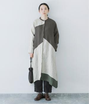 9番手リネンアシンメトリー切り替えワンピース(グレージュ×チャコール×モスグリーン-F)