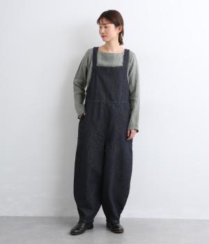 リネンコットンデニムバレルサロペット(インディゴ-F)