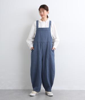 リネンコットンデニムバレルサロペット(ブルー-F)