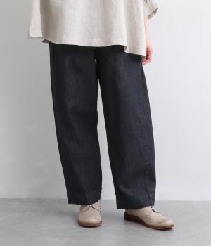 リネンコットンデニム脇切り替えパンツ(インディゴ-F)