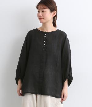 リネンシャンブレー袖口ゴムドルマンブラウス(ブラック-F)