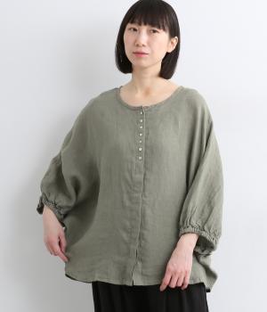 リネンシャンブレー袖口ゴムドルマンブラウス(ダルグリーン-F)