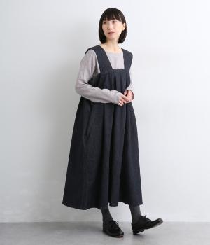 リネンコットンデニムタックジャンパースカート(インディゴ-F)