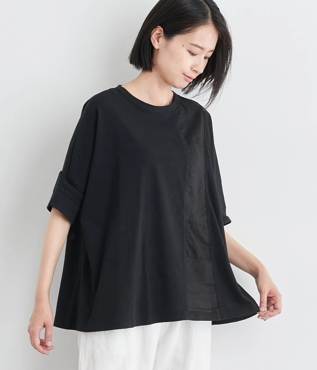 コットン製品染め天竺×布帛パッチワークプルオーバー(ブラック-ONESIZE)