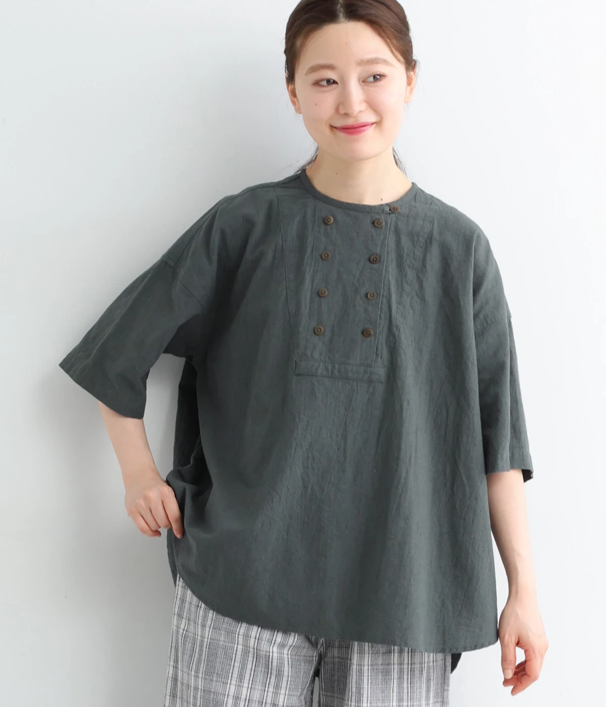 コットンリネンワッシャーダブルボタンブラウス(ダークグリーン-ONESIZE)