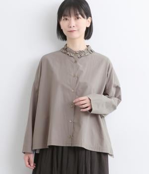 コットンタイプライターフリルネックブラウス(グレー-F)