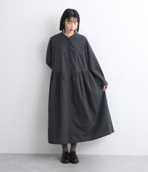 超長コットン多ボタン切替チェックワンピース