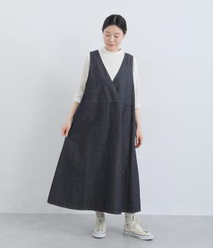 コットンリネンデニム　ジャンパースカート(ブルー-F)