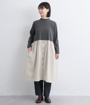 ストライプ切替モックネックワンピース(チャコールベース×オフ系-F)