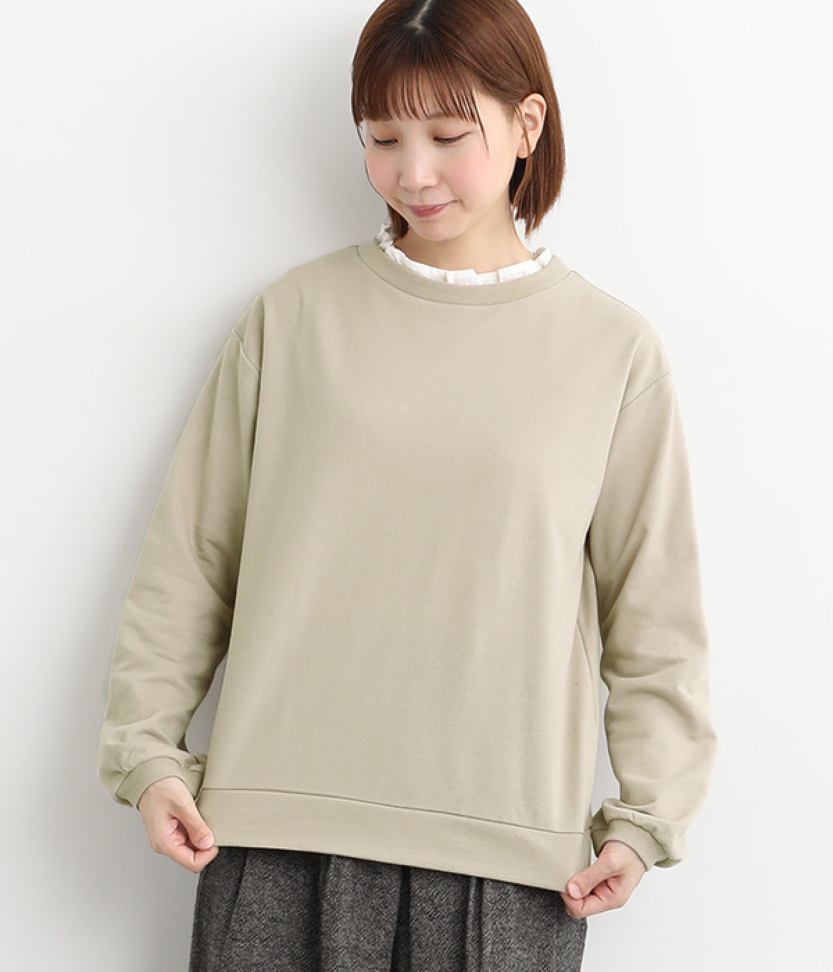 ミニ裏毛フェイクレイヤード長袖Tシャツ(ライトベージュ-L)