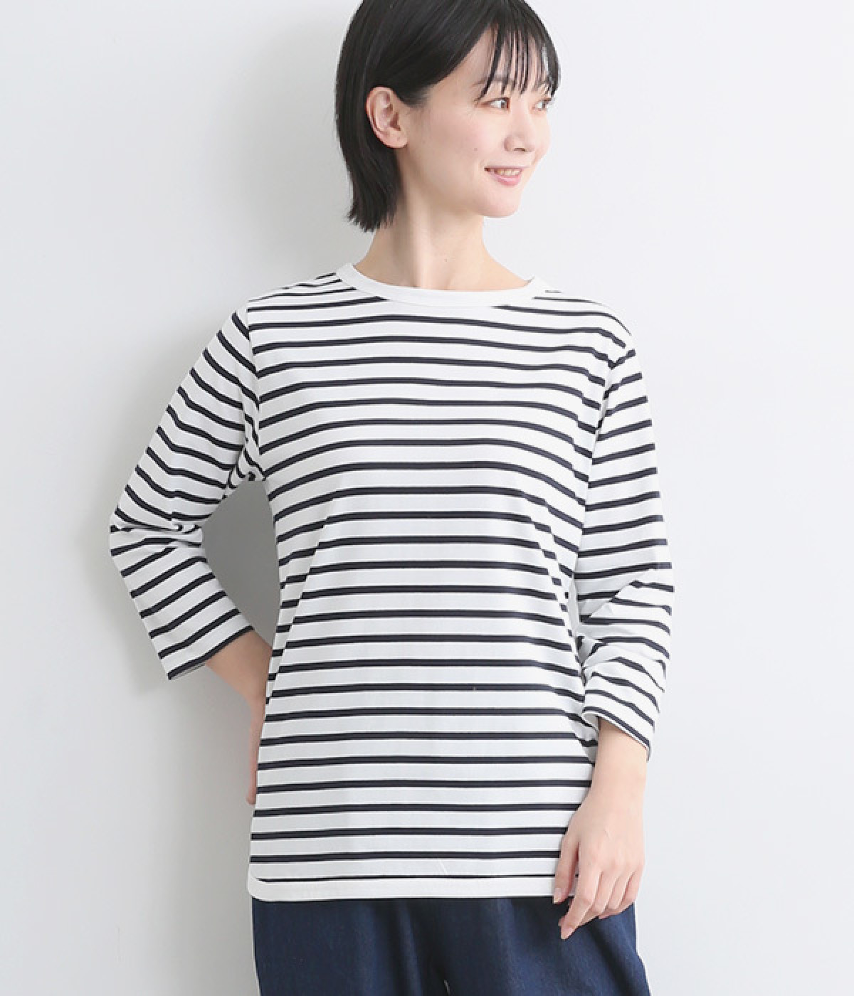 コーミングコットンボーダー6分袖Ｔシャツ(ネイビー×オフホワイト-M)