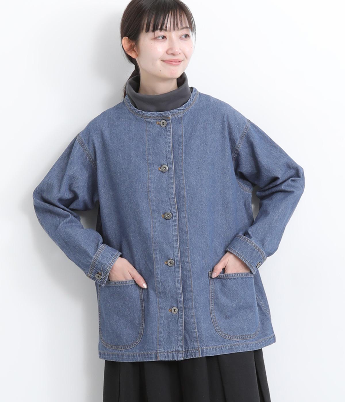 7.6ozデニムノーカラージャケット(サックス-M)