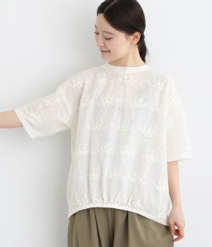 ＴＣ天竺　立体刺繍布帛切替5分袖Ｔシャツ(クリーム-L)