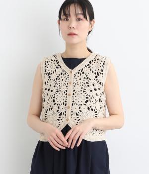 クロシェ編みニットベスト(ライトベージュ-L)
