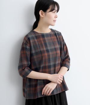 シワ加工 チェック 6分袖プルオーバーシャツ