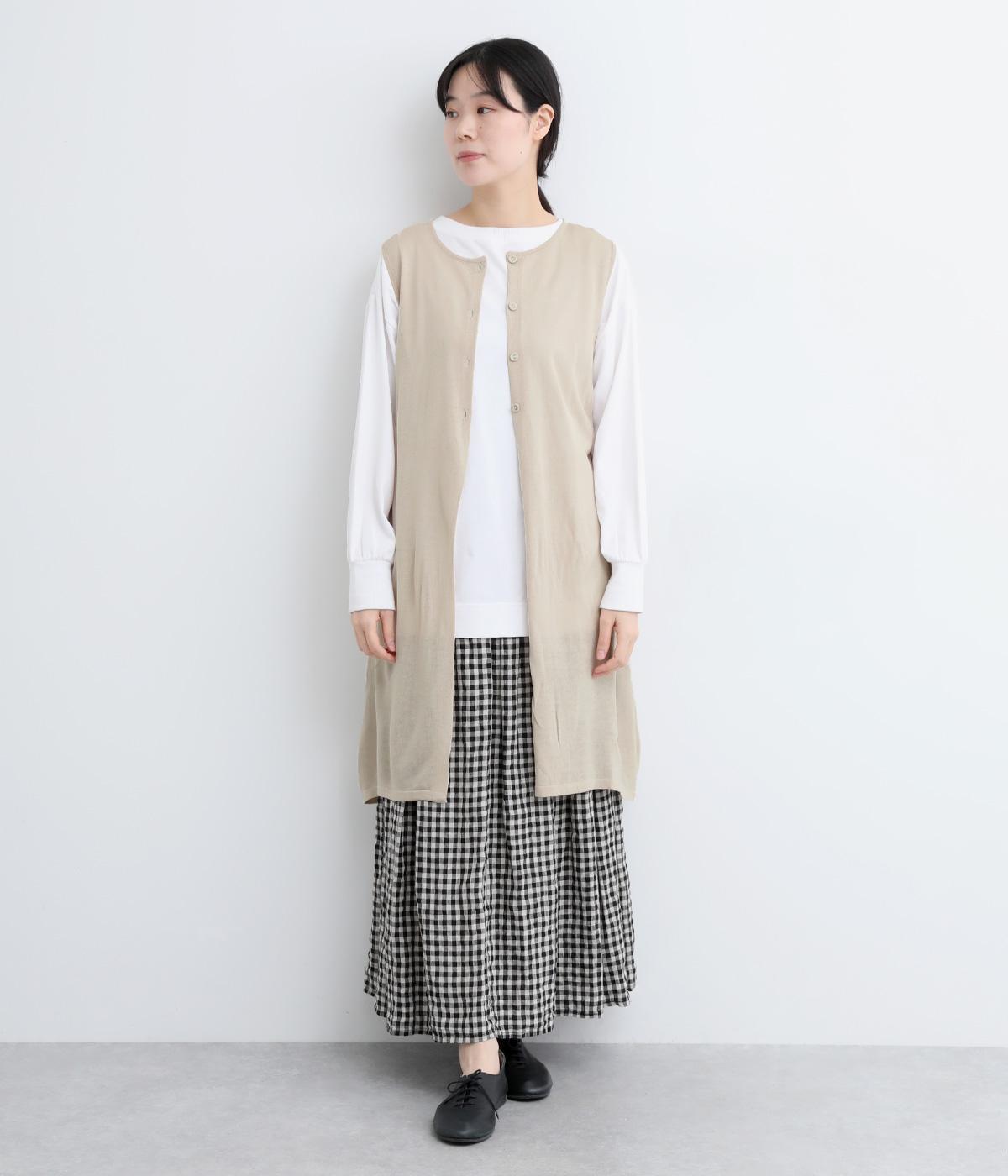 リネンタッチ　ロングニットノースリーブカーディガン(ライトベージュ-L)