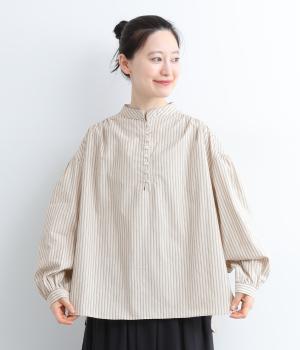 平織コットン微起毛　マオカラー釦プルオーバー(アイボリー×ネイビー-L)