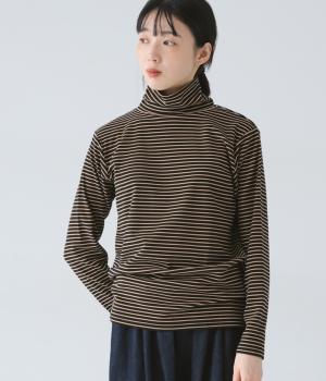 もちもちスムース　ボーダー長袖Ｔシャツ(ベージュ×ブラック-L)