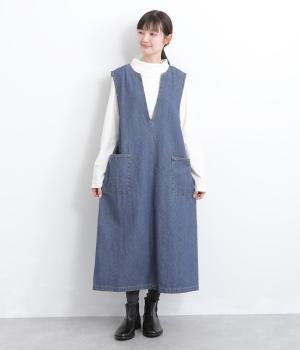 7.6ozデニムキーネックノースリーブワンピ(サックス-L)
