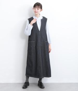 7.6ozデニムキーネックノースリーブワンピ(ネイビー-L)