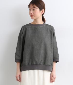 【Ouchi to Osoto】カポック混デニム調リブ付きPOシャツ(ブラック-L)