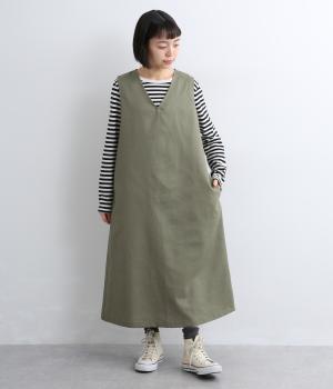 【Ouchi to Osoto】カポック混ノースリーブジャンパースカート(カーキ-L)