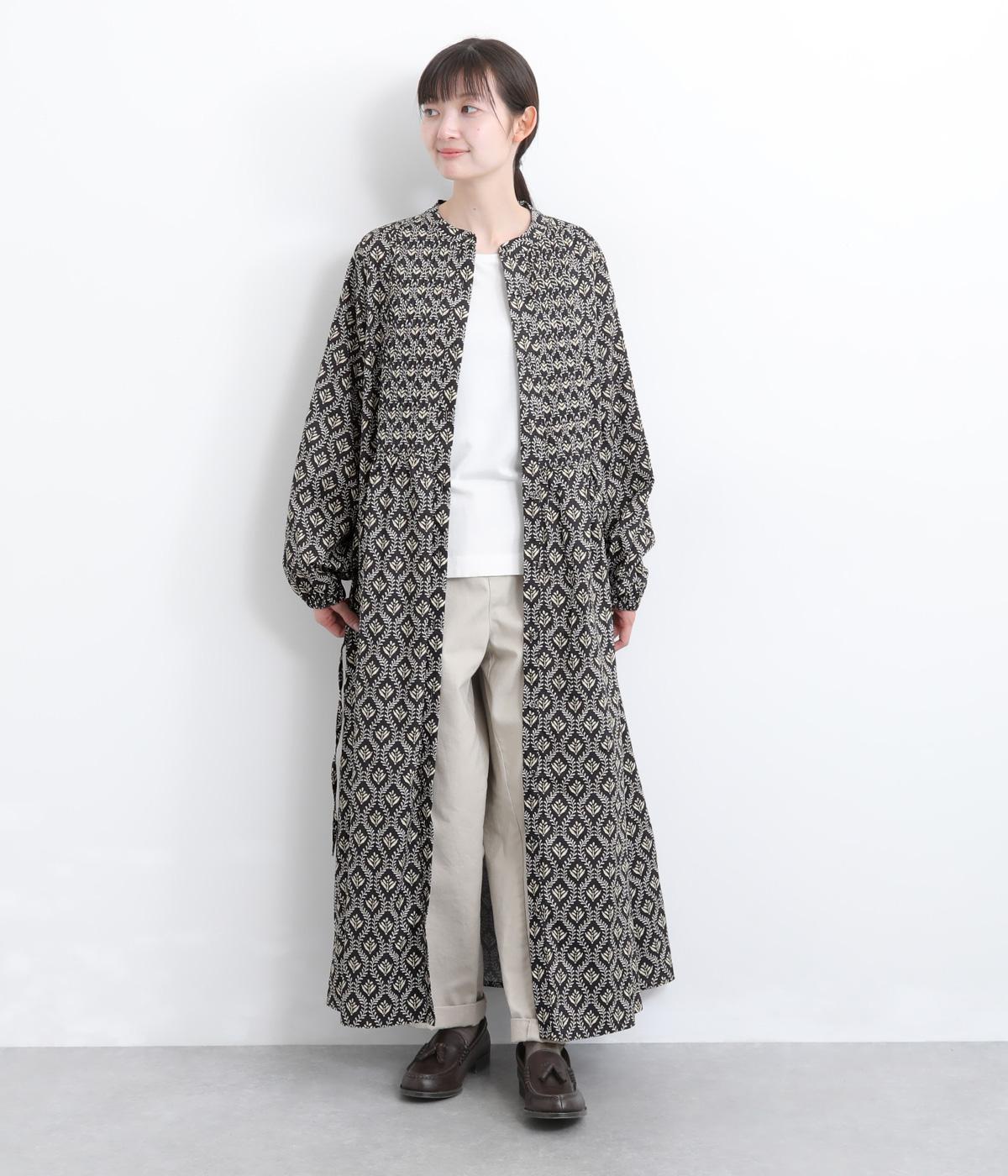 コットンツタ柄細ピンタックウエストドロストワンピース(チャコール-F)