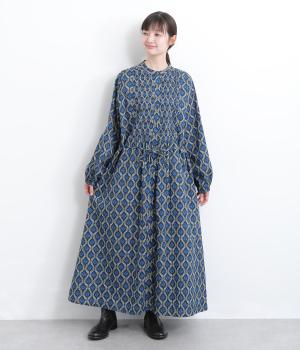 コットンツタ柄細ピンタックウエストドロストワンピース(ネイビー-F)