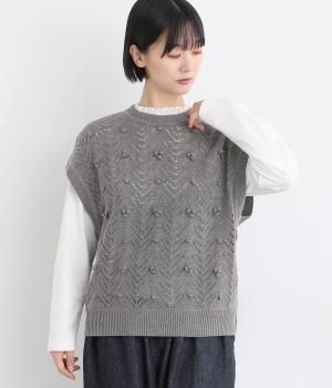透かし編み手付けポップコーンニットベスト