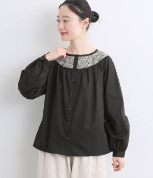 ブロード×LIBERTY切替ブラウス(ブラック×Chive-F)