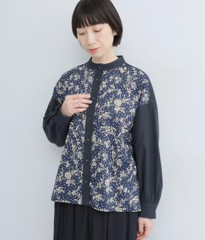 ビエラ×LIBERTY前身頃切替スタンドブラウス(ネイビー×Malory-F)