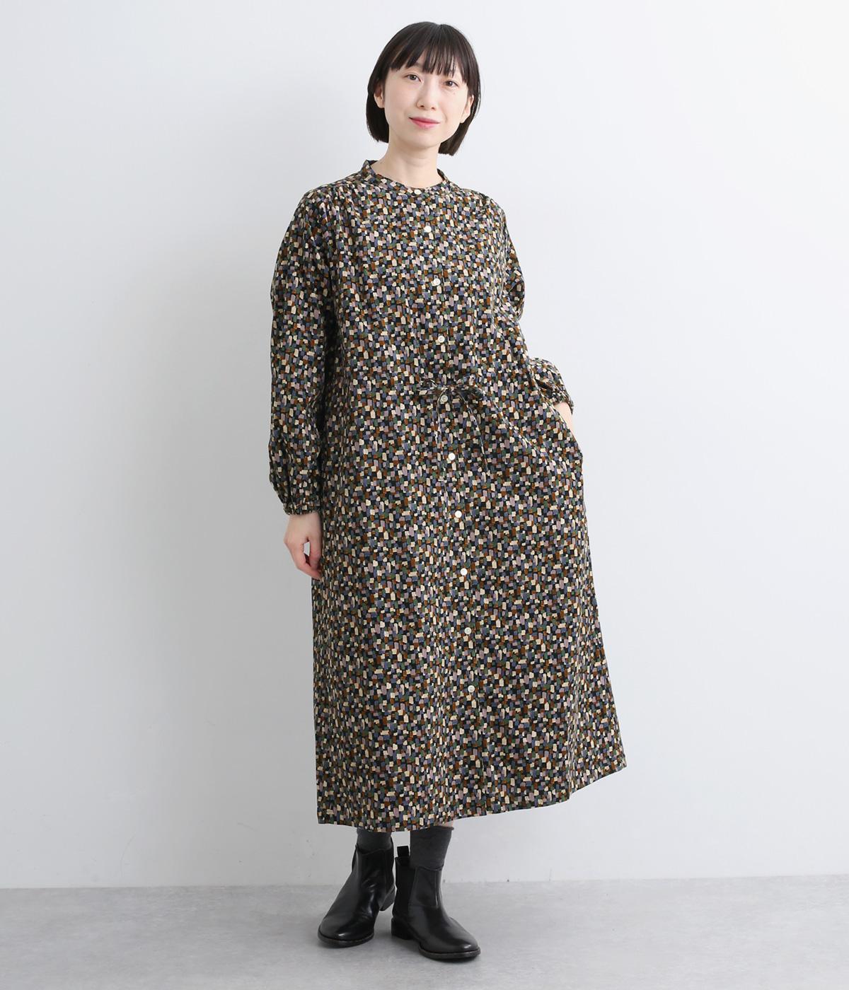 美品【sosotto】ソソット　リバティコーデュロイウエストドロストワンピース コーデュロイプリントバンドカラーウエストドロストワンピース sosotto