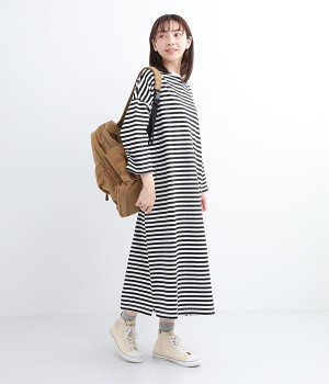 スーピマ裏毛　8分袖ワンピース(ホワイト×ブラックボーダー-ONESIZE)