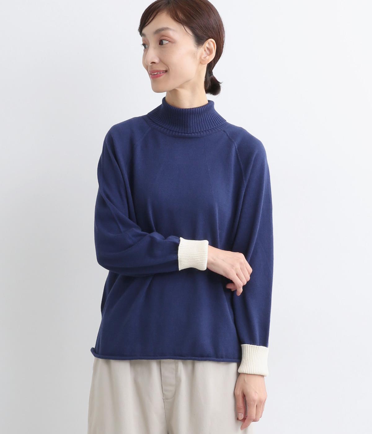 【OTA KNIT】コットンコンパクトヤーンオーガニックタートルニット(ネイビー×アイボリー-ONESIZE)
