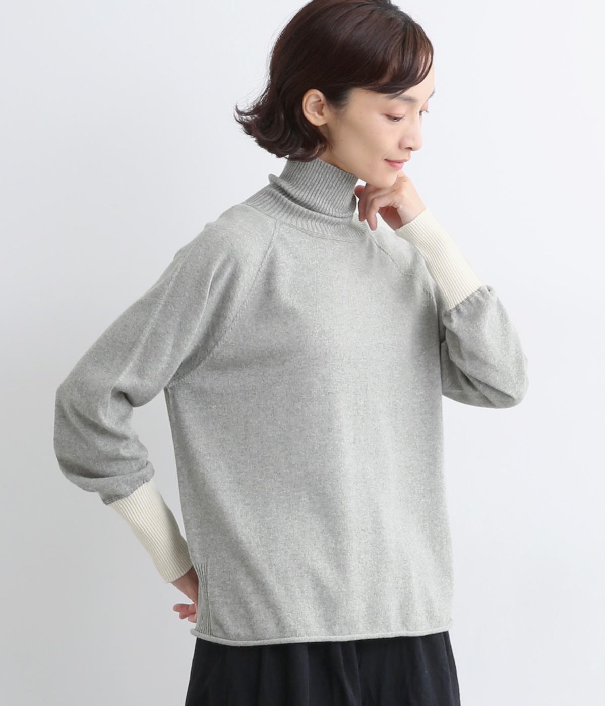 【OTA KNIT】コットンコンパクトヤーンオーガニックタートルニット(トップグレー×アイボリー-ONESIZE)